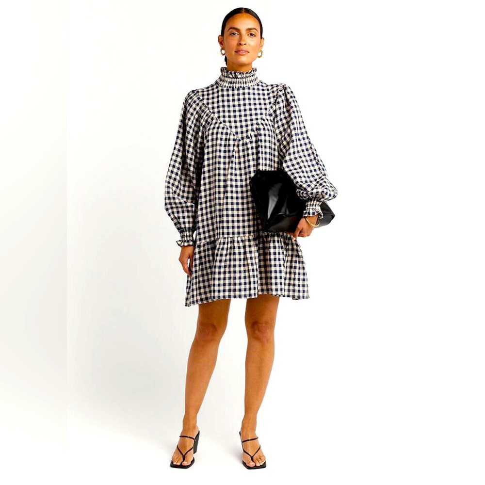 DISSH Dress Linen Gingham Navy Cream Mini
